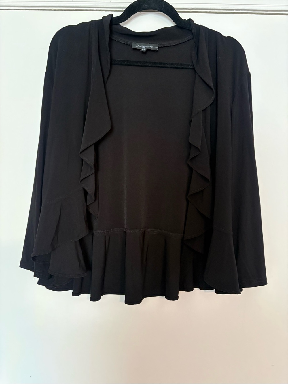R&M Richards Black Ruffle-Trim Open Front Cardigan